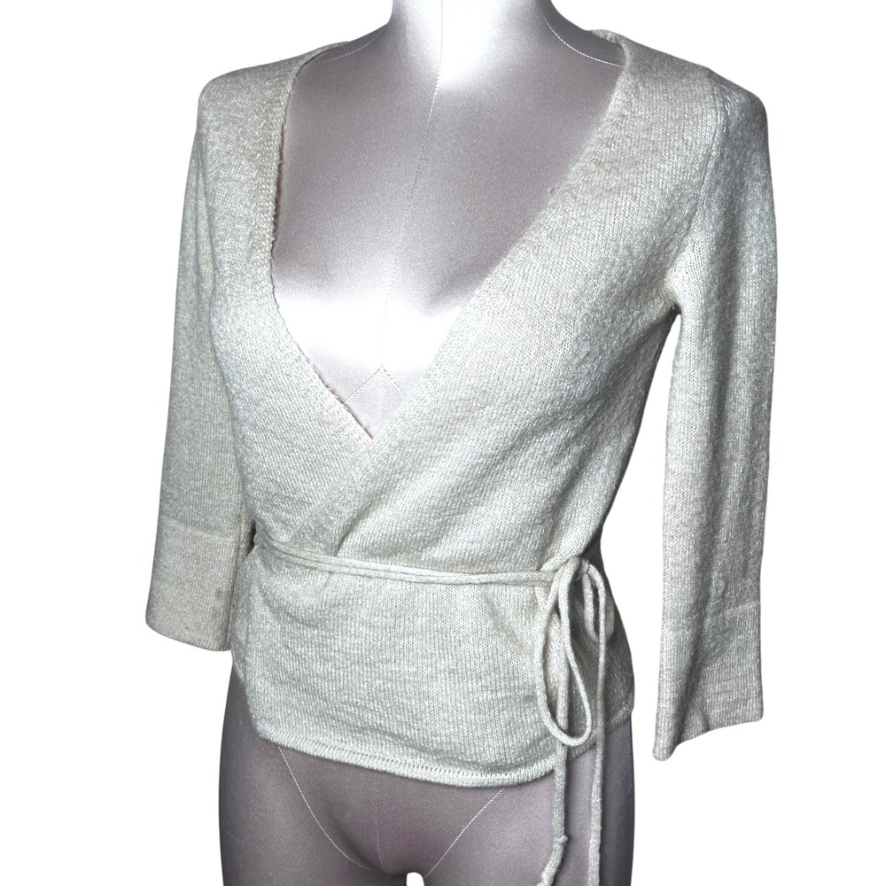 Vintage Express Mohair Wool Blend Wrap Sweater Cream 3/4 Sleeve Small Ballet